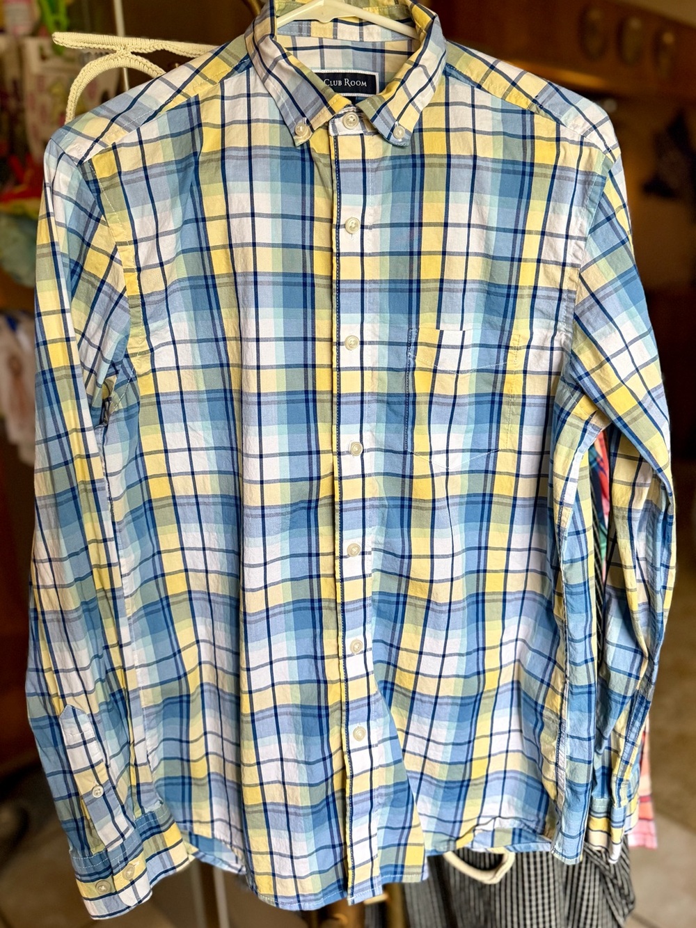 Clubroom men’s button-down shirt, long sleeve yellow blue stretch, cotton.